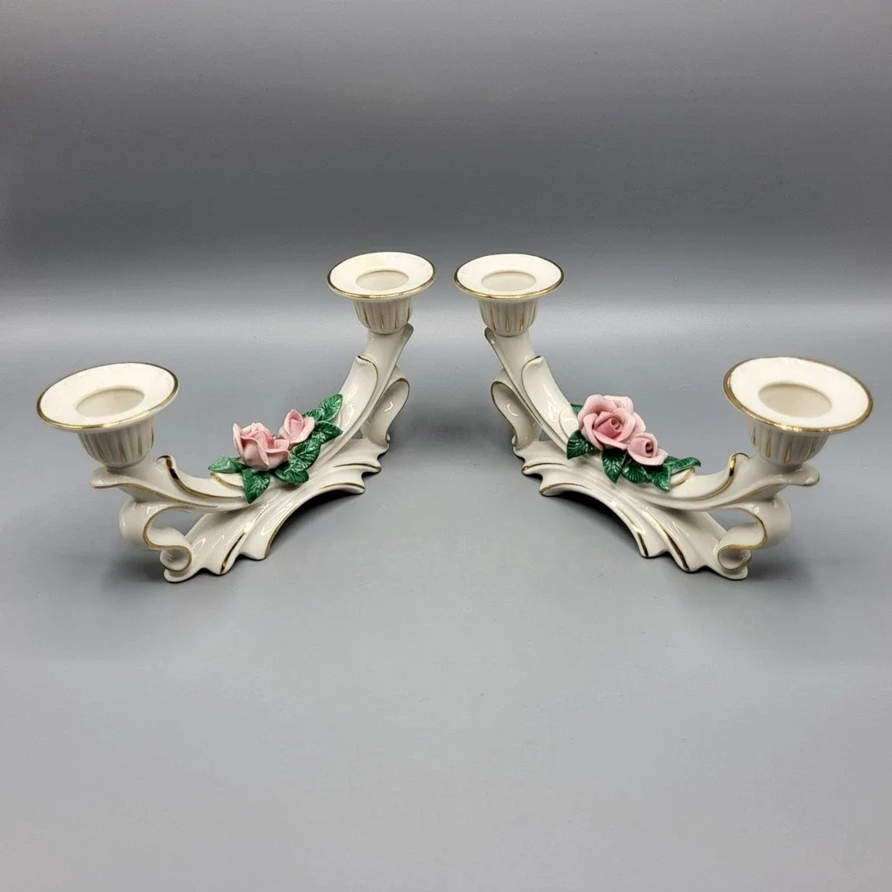 Vtg Dresden Porcelain Rose Double Candle Holder Candlestick Set of 2 Germany